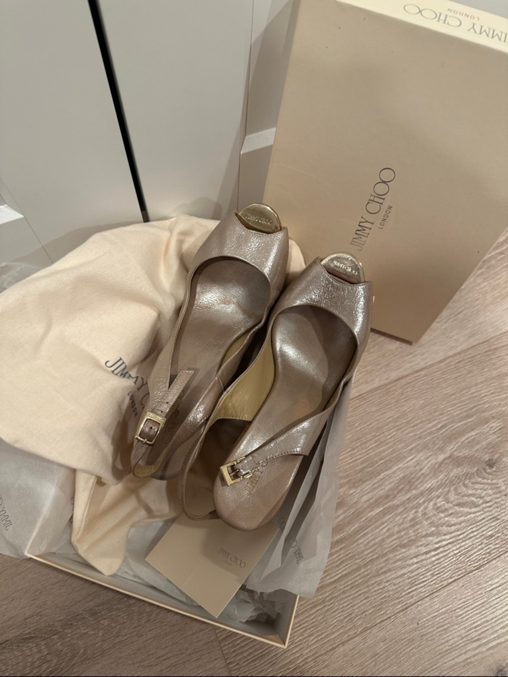 Jimmy Choo Metallic Taupe Open-Toe Slingback Heels